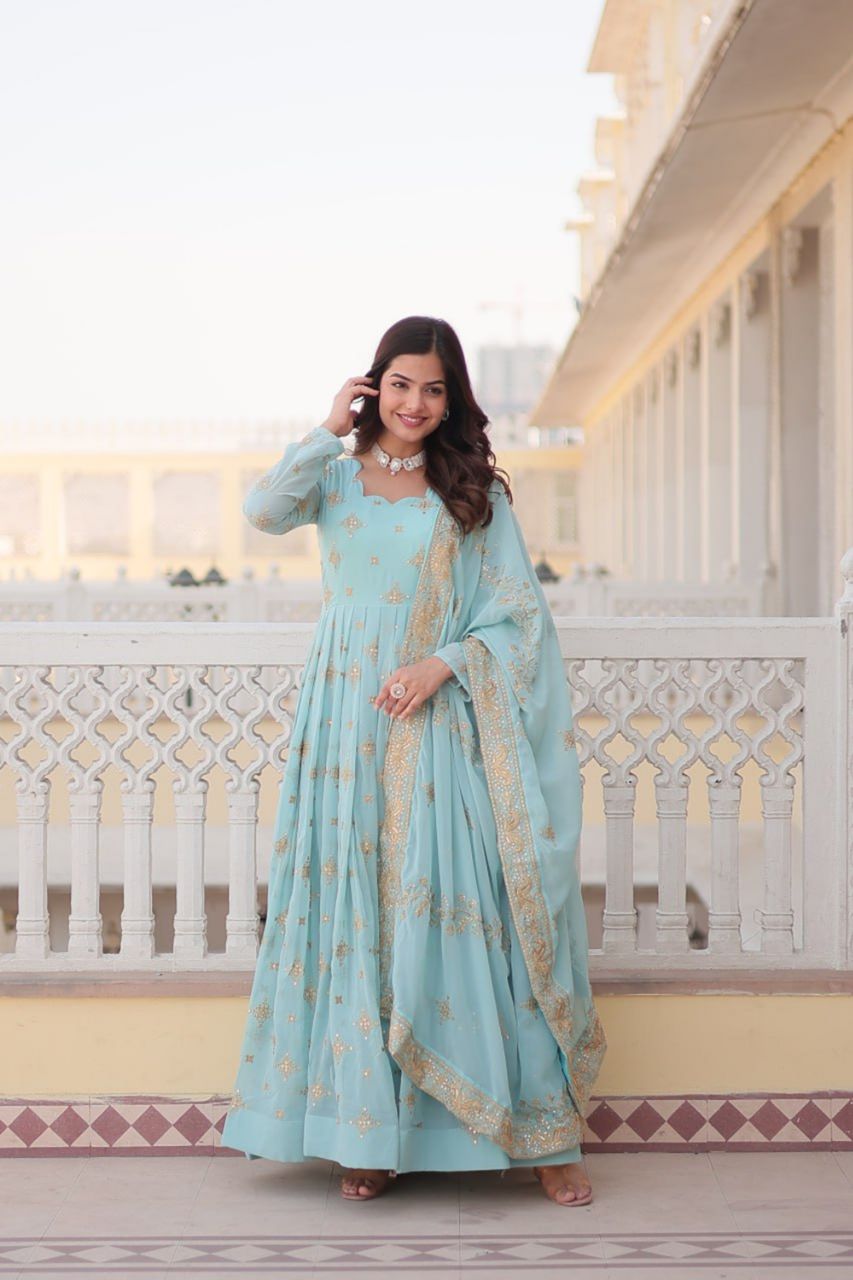 SKY BLUE HEAVY WEDDING WEAR GOWN WITH SEQUINS EMBROIDERY AND DESIGNER DUPATTA