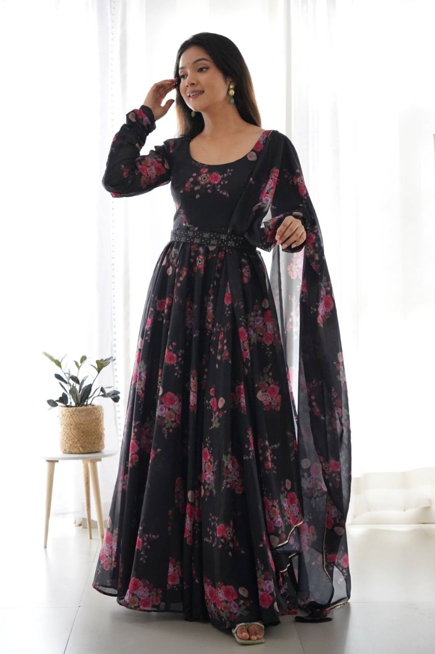 READY-TO-WEAR BLACK FLORAL GOWN WITH DUPATTA