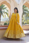 YELLOW WEDDING WEAR HEAVY   SEQUENCE WORK GOWN WITH DUPATTA