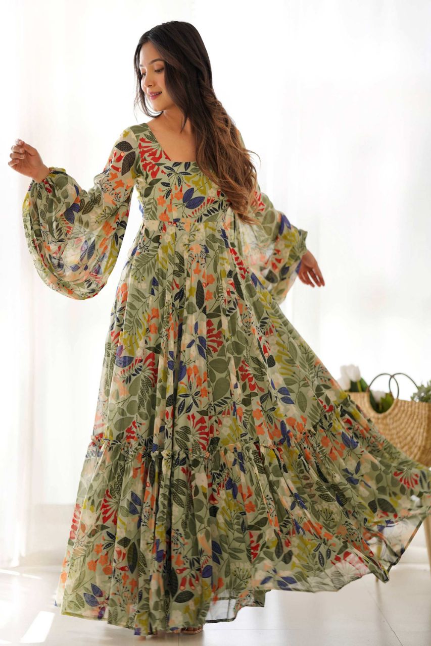 ELEGANT FLORAL PRINT SOFT FOX GEORGETTE MAXI DRESS WITH BALLOON SLEEVES - FULLY FLARED
