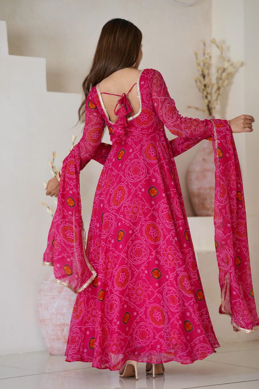 RANI PINK BANDHEJ PRINT CHIFFON ANARKALI SUIT SET
