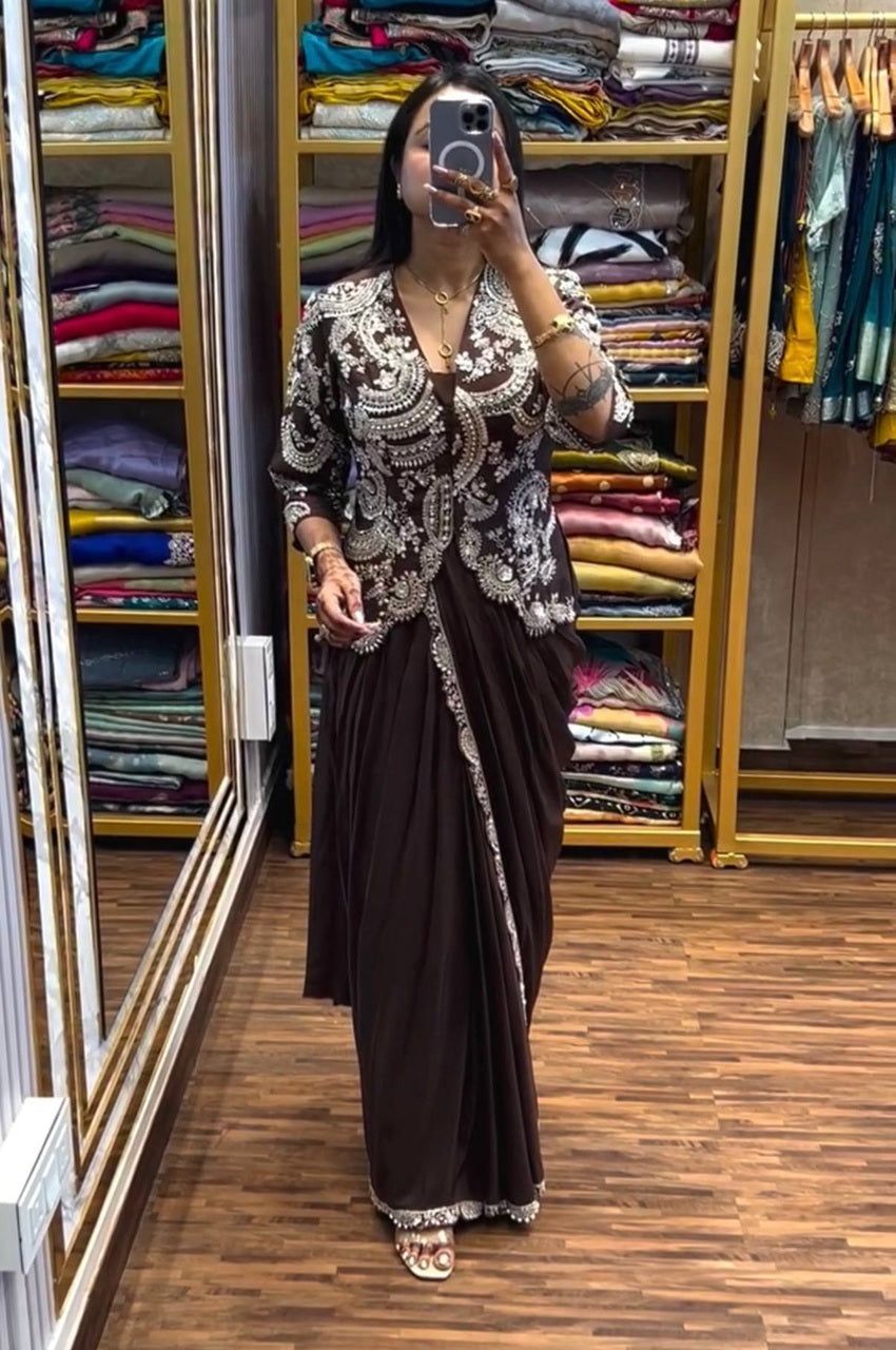 Elegant Brown Indo-Western Drape Saree Set