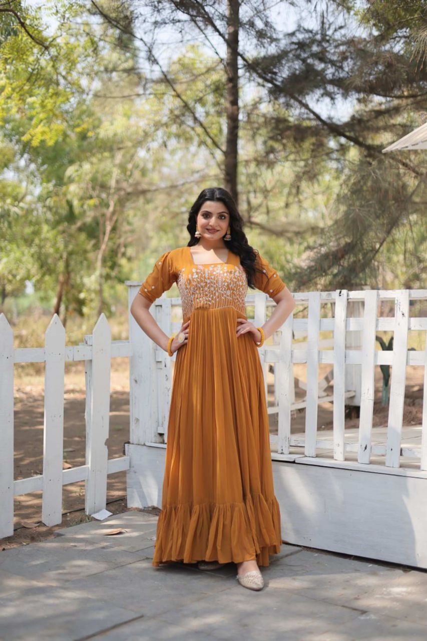 OPULENT MUSTARD GEORGETTE GOWN MULTITHREAD & FESTIVE  CHARM