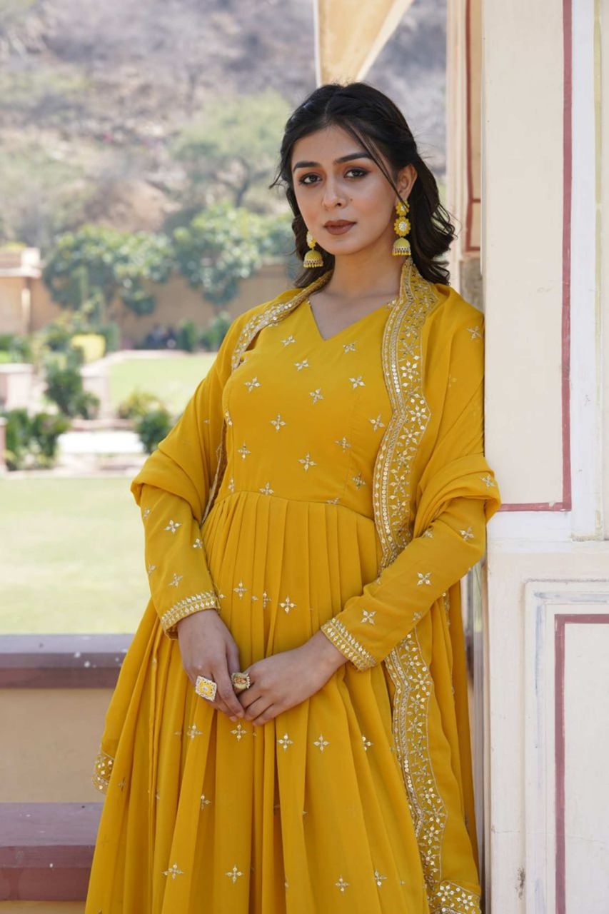 YELLOW WEDDING WEAR HEAVY   SEQUENCE WORK GOWN WITH DUPATTA