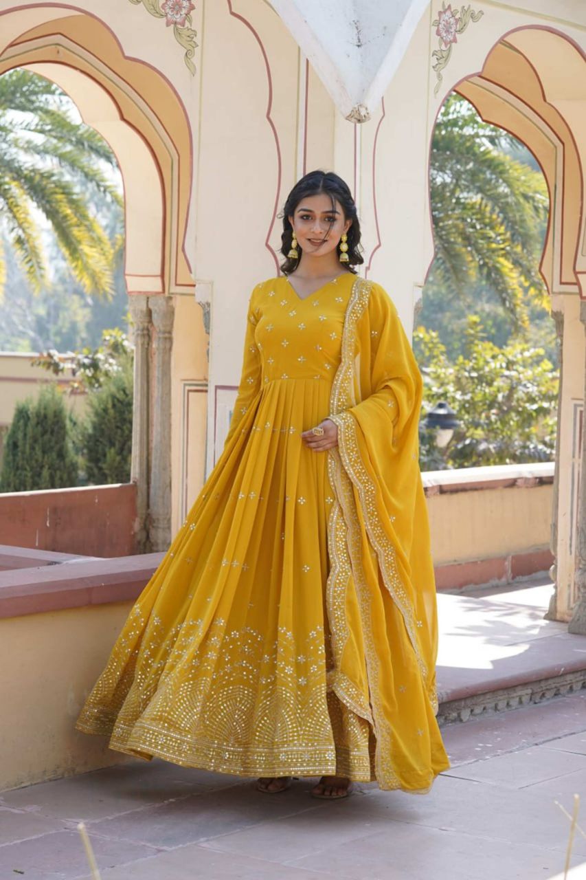 YELLOW WEDDING WEAR HEAVY   SEQUENCE WORK GOWN WITH DUPATTA