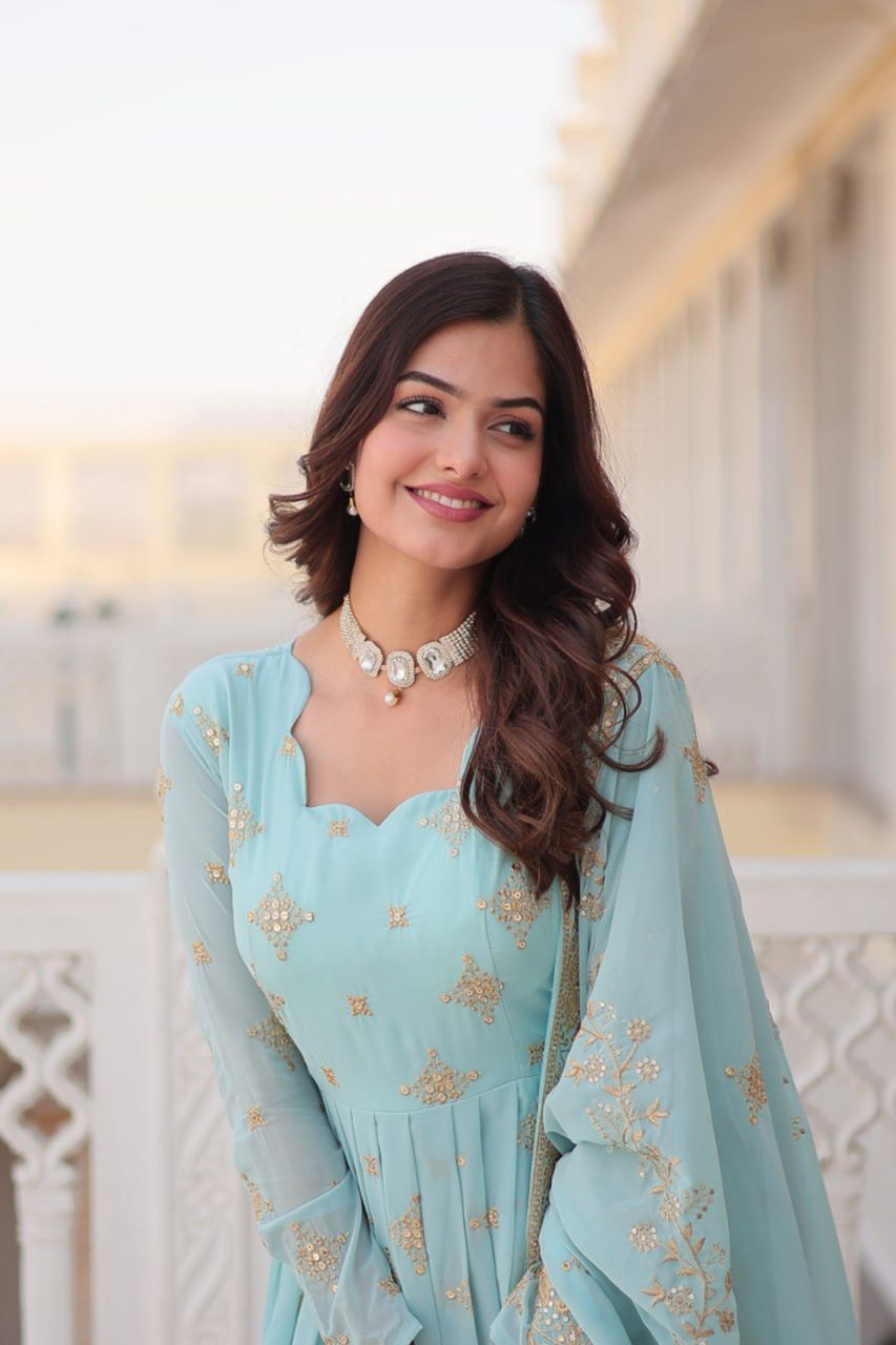 SKY BLUE HEAVY WEDDING WEAR GOWN WITH SEQUINS EMBROIDERY AND DESIGNER DUPATTA