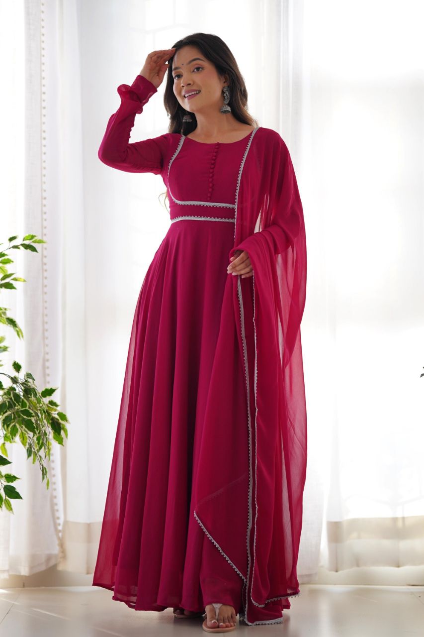 UPGRADE YOUR WARDROBE WITH THE EXQUISITE WINE COLOR DESIGNER YOKE NECK GOWN WITH DUPATTA