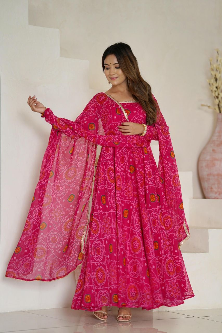 RANI PINK BANDHEJ PRINT CHIFFON ANARKALI SUIT SET