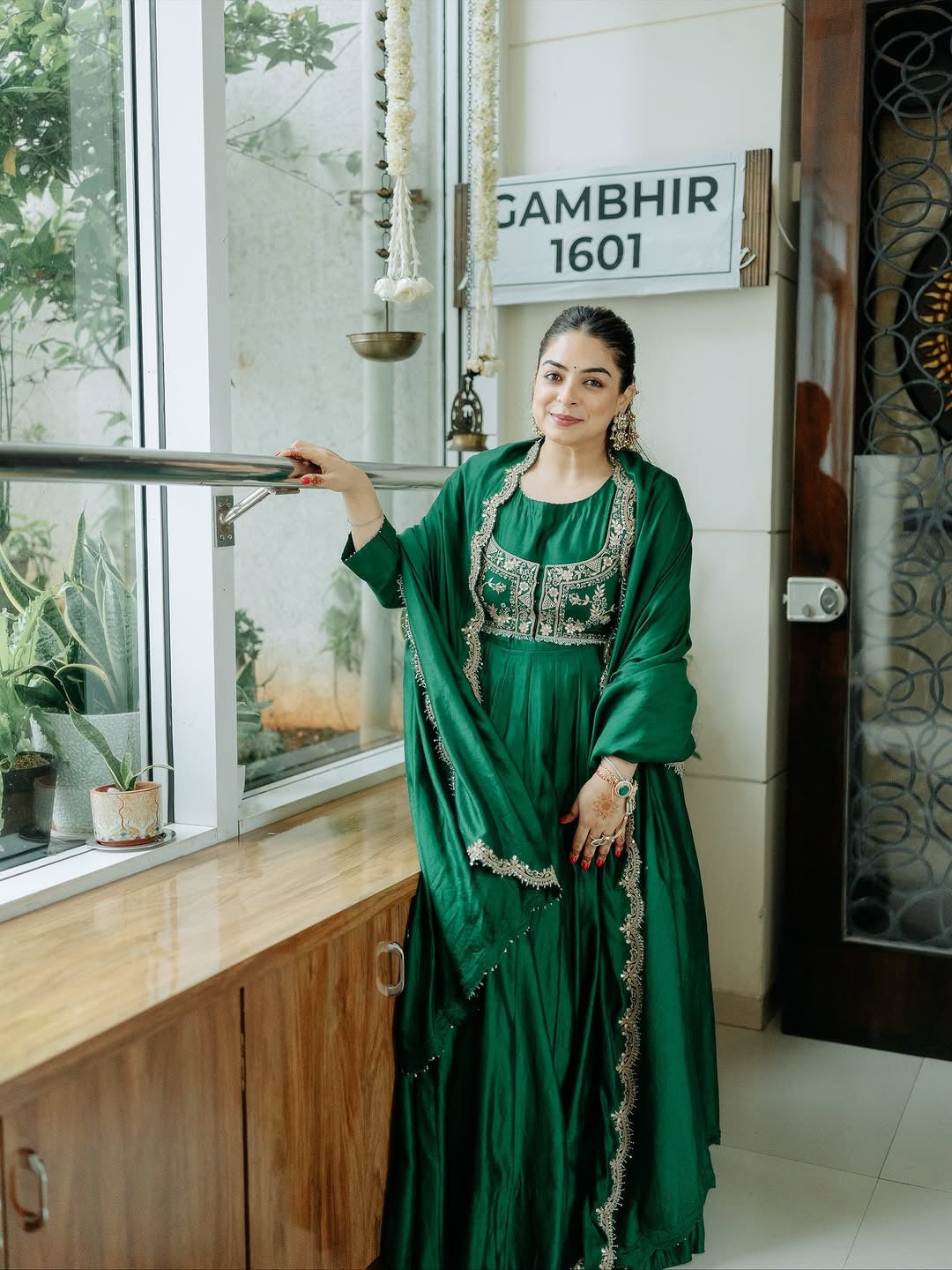 GREEN COLOR SILK BASE EMBROIDERED WORK ANARKALI SUIT SET OF 4