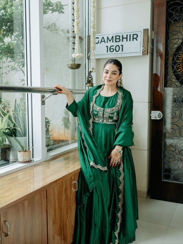 GREEN COLOR SILK BASE EMBROIDERED WORK ANARKALI SUIT SET OF 4