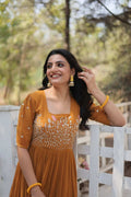OPULENT MUSTARD GEORGETTE GOWN MULTITHREAD & FESTIVE  CHARM