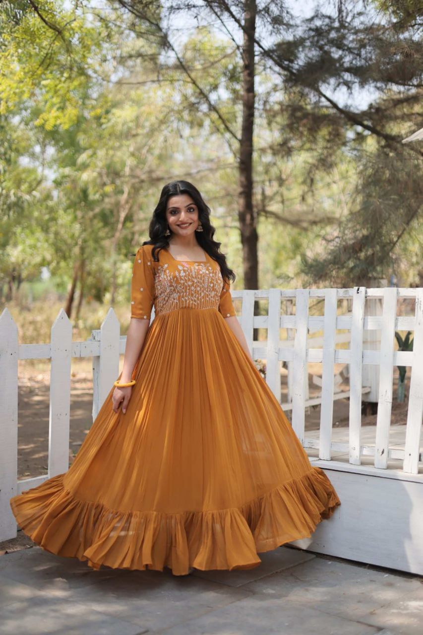 OPULENT MUSTARD GEORGETTE GOWN MULTITHREAD & FESTIVE  CHARM