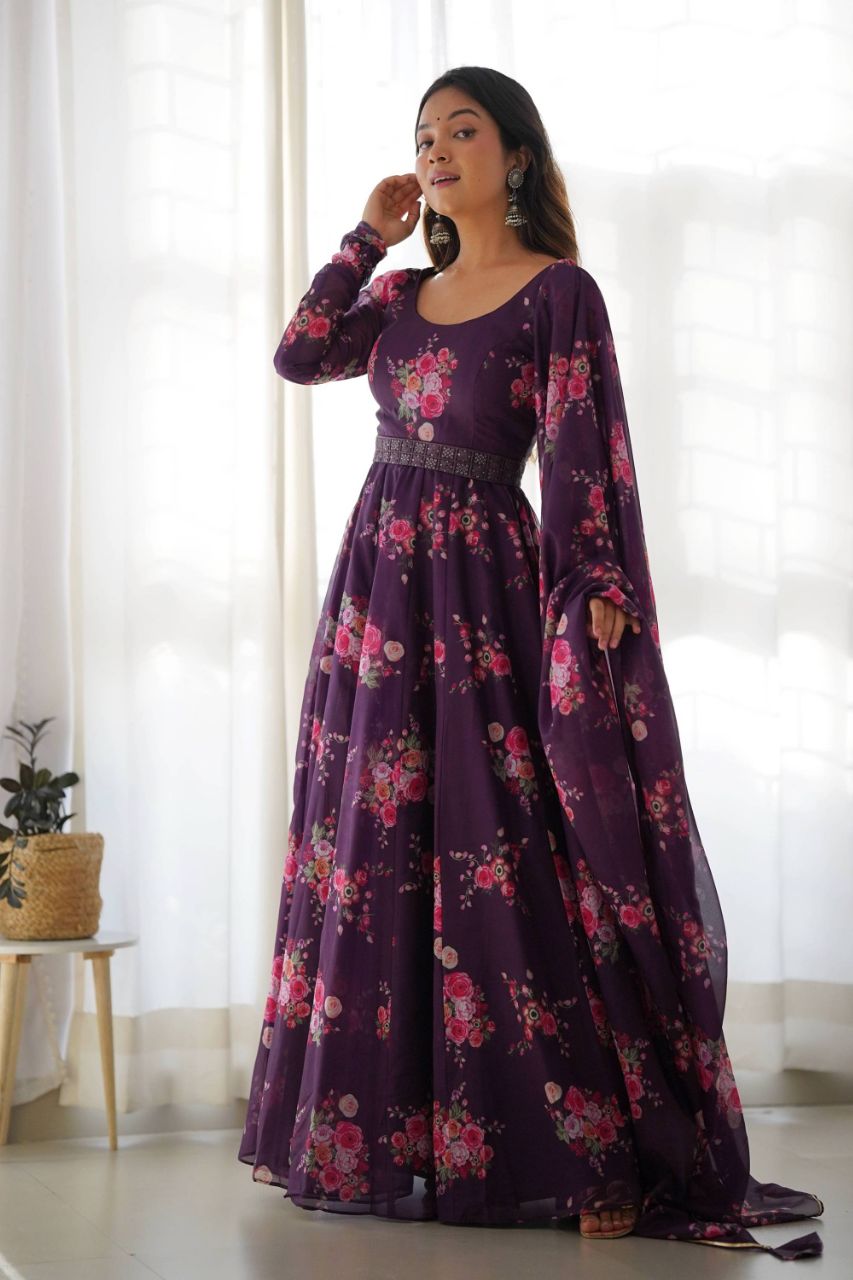 FEEL LIKE ROYALTY IN THIS WINE  COLOR FLORAL GOWN WITH LUCKNOW BELT AND DUPATTA