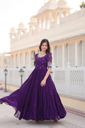 PURPLE FULLY FLARED GOWN WITH SEQUINS EMBROIDERY