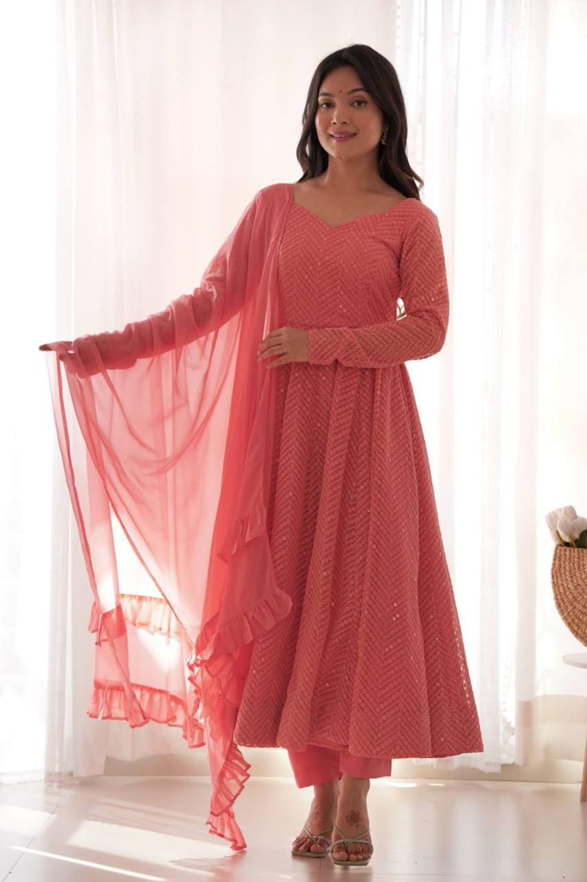 Peach Lucknowi Georgette Anarkali Suit Set