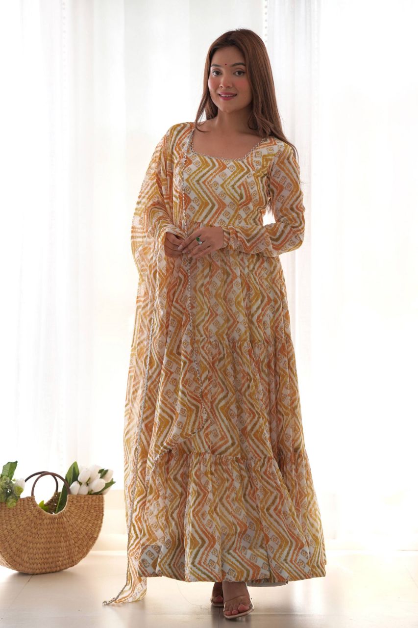 STUNNING MULTI-COLOUR HEAVY SOFT FOX GEORGETTE ZIGZAG PRINT ANARKALI