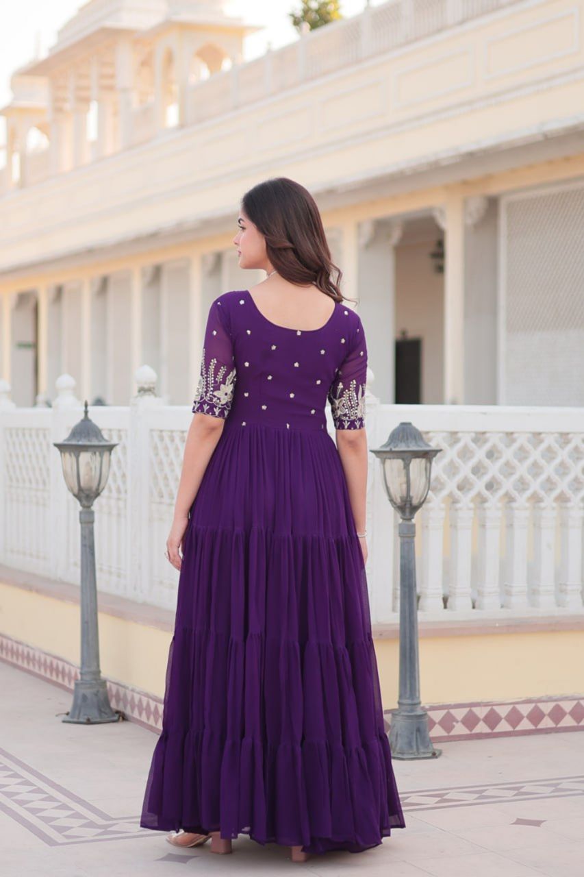 PURPLE FULLY FLARED GOWN WITH SEQUINS EMBROIDERY