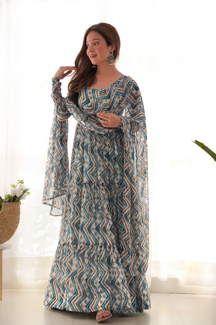 FABVILLA LIGHT BLUE ZIGZAG PRINT GEORGETTE GOWN WITH DUPATTA