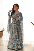 FABVILLA LIGHT BLUE ZIGZAG PRINT GEORGETTE GOWN WITH DUPATTA