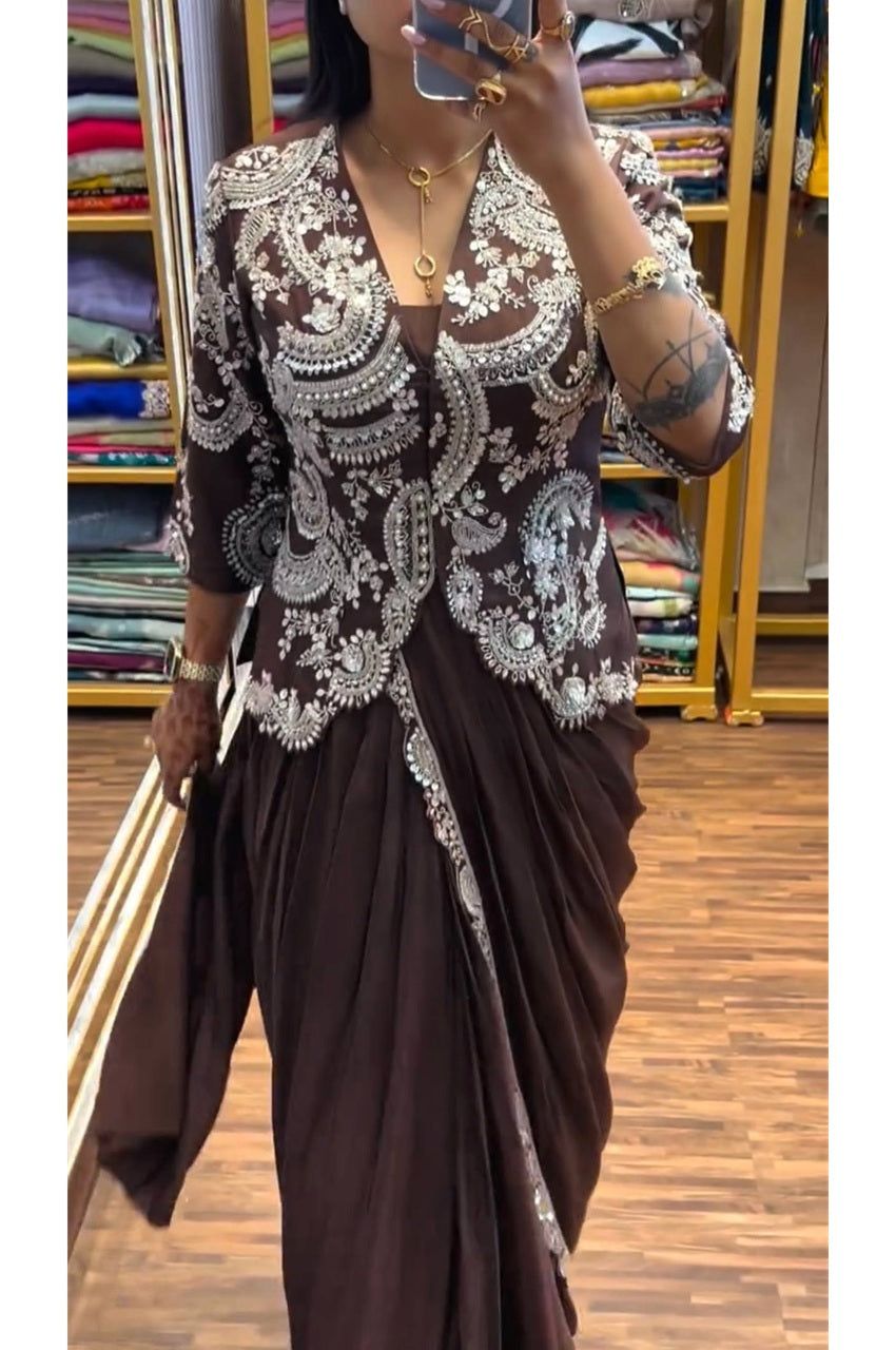 Elegant Brown Indo-Western Drape Saree Set