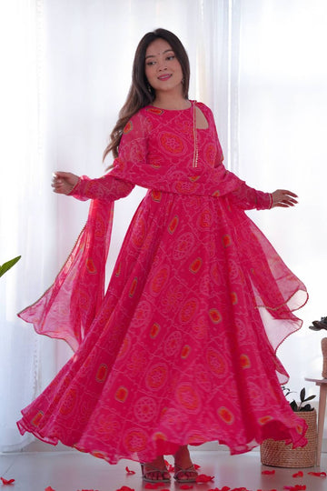 STEP INTO ELEGANCE WITH OUR PINK BANDHEJ PRINT CHIFFON GOWN WITH DUPATTA