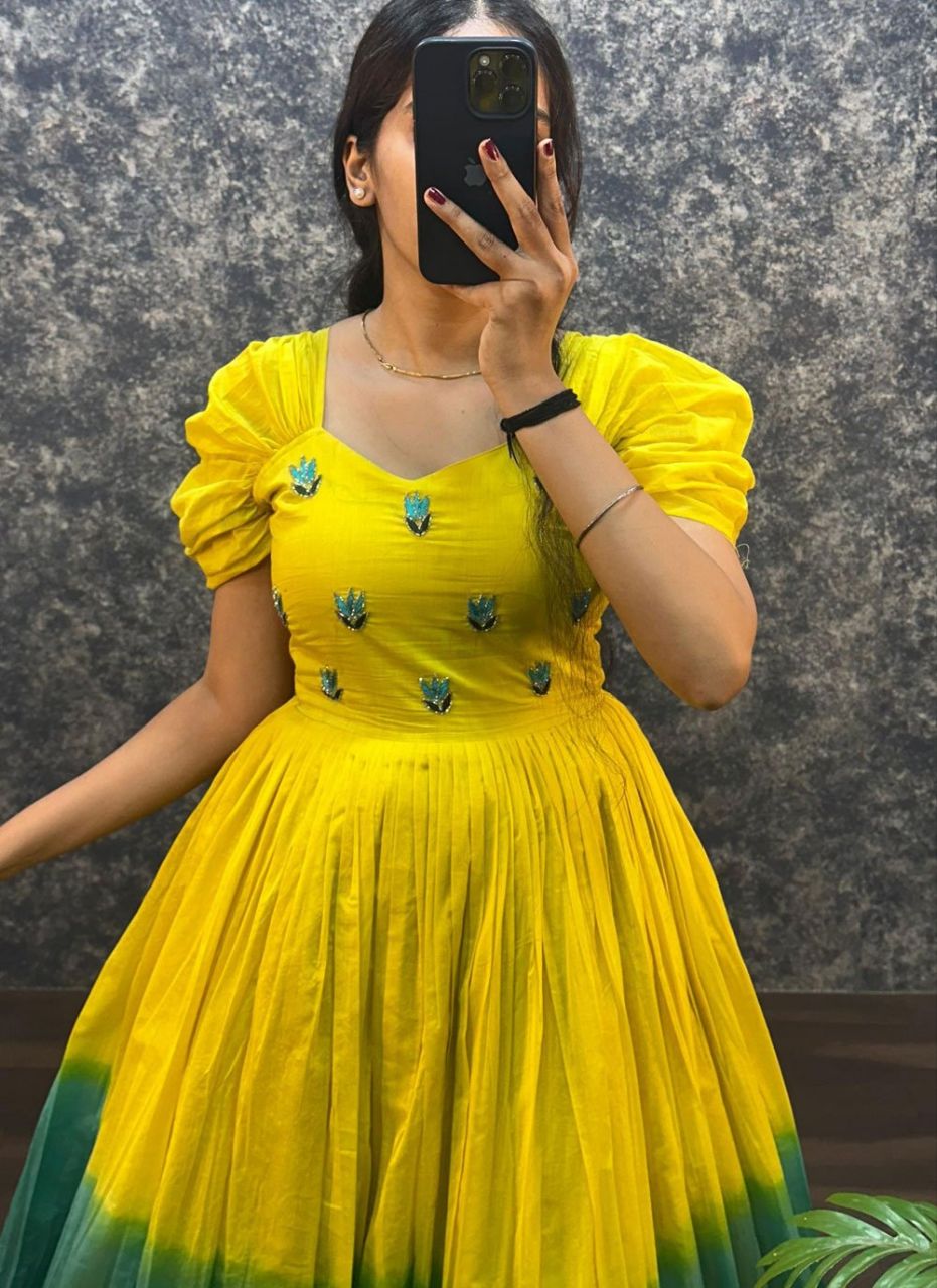 DUAL SHADE DESIGNER LOOK COTTON BASE HANDWORK GOWN