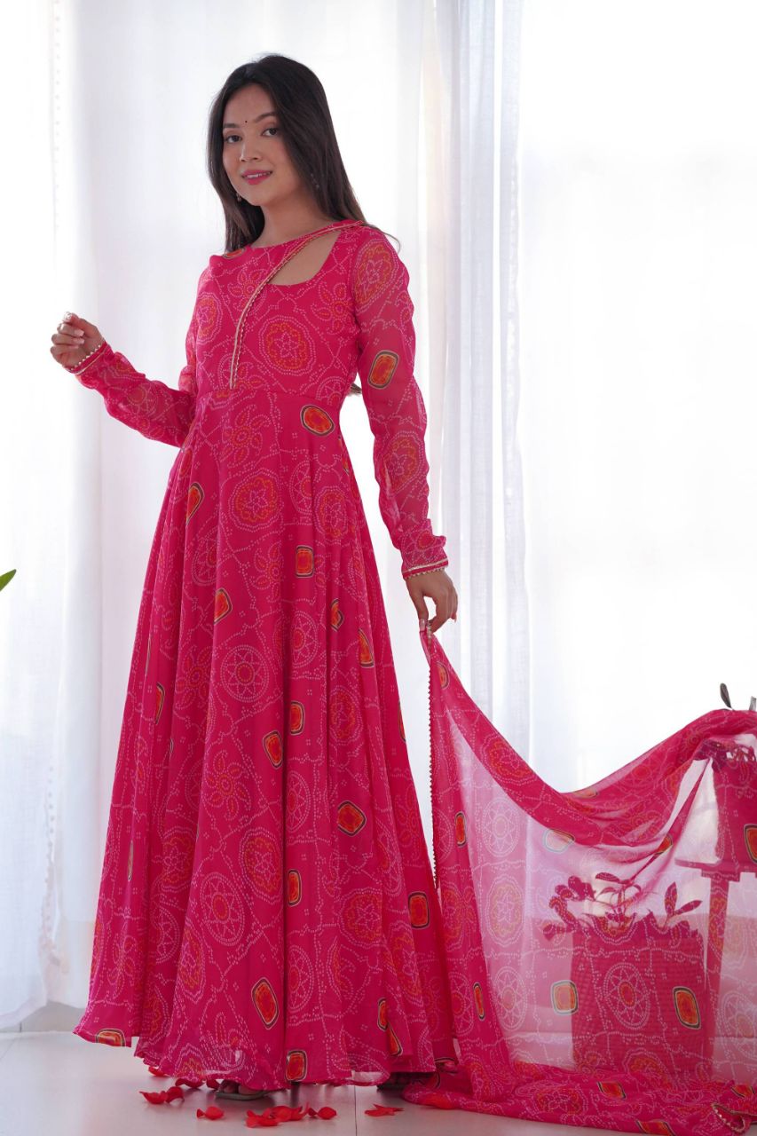 STEP INTO ELEGANCE WITH OUR PINK BANDHEJ PRINT CHIFFON GOWN WITH DUPATTA