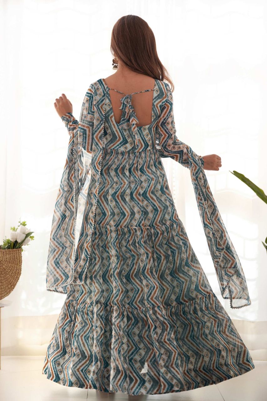 FABVILLA LIGHT BLUE ZIGZAG PRINT GEORGETTE GOWN WITH DUPATTA