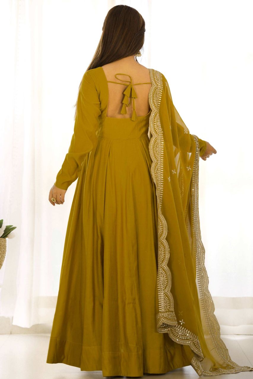 MUSTARD CHANDERI ROMAN SILK ANARKALI GOWN WITH EMBROIDERED DUPATTA