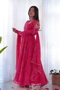 STEP INTO ELEGANCE WITH OUR PINK BANDHEJ PRINT CHIFFON GOWN WITH DUPATTA