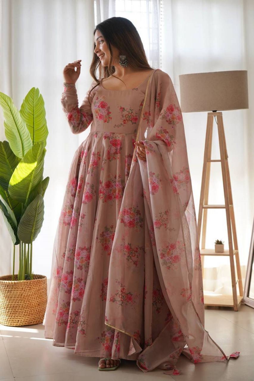 ELEGANT BEIGE TABBY ORGANZA FLORAL PRINT GOWN WITH DUPATTA