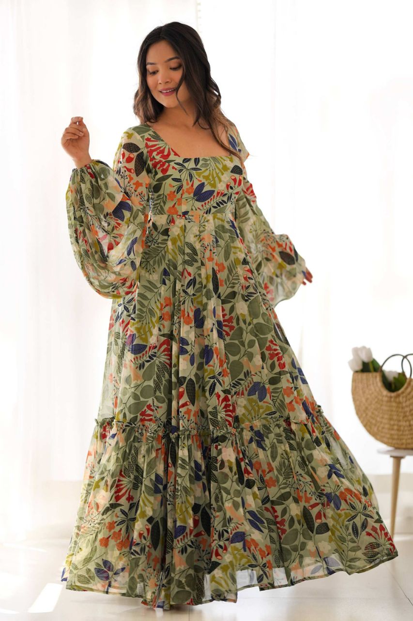 ELEGANT FLORAL PRINT SOFT FOX GEORGETTE MAXI DRESS WITH BALLOON SLEEVES - FULLY FLARED
