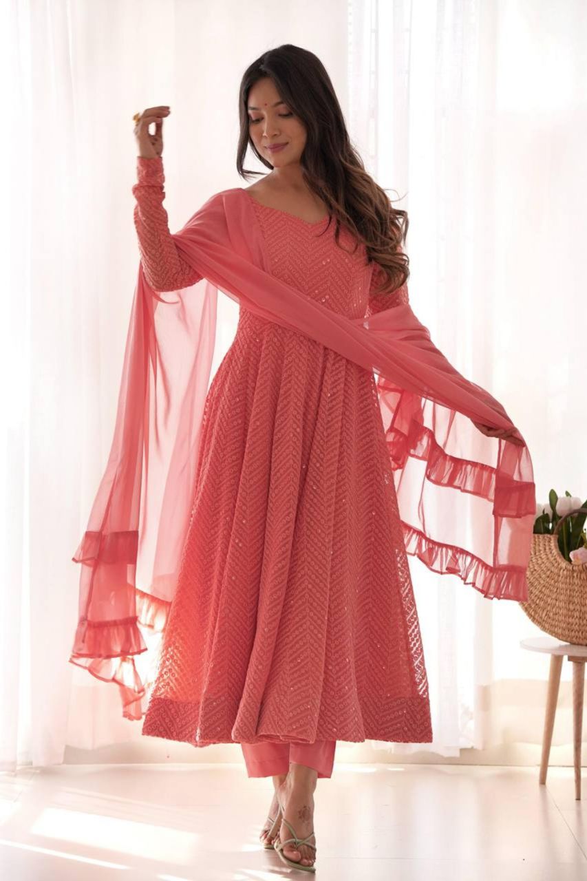 Peach Lucknowi Georgette Anarkali Suit Set