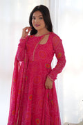 STEP INTO ELEGANCE WITH OUR PINK BANDHEJ PRINT CHIFFON GOWN WITH DUPATTA
