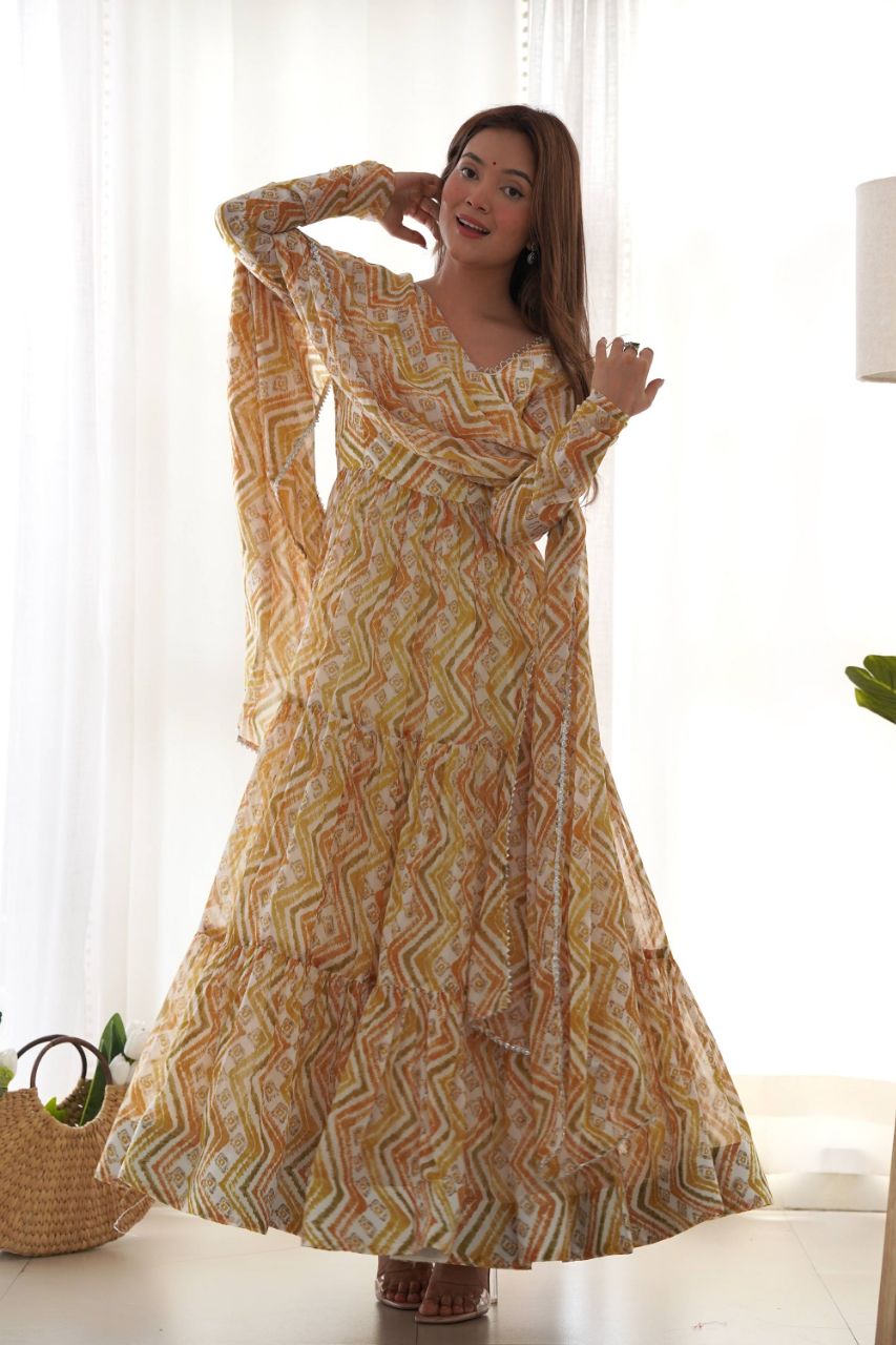 STUNNING MULTI-COLOUR HEAVY SOFT FOX GEORGETTE ZIGZAG PRINT ANARKALI