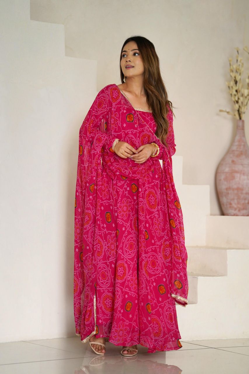 RANI PINK BANDHEJ PRINT CHIFFON ANARKALI SUIT SET