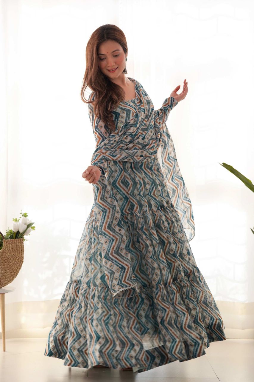 FABVILLA LIGHT BLUE ZIGZAG PRINT GEORGETTE GOWN WITH DUPATTA