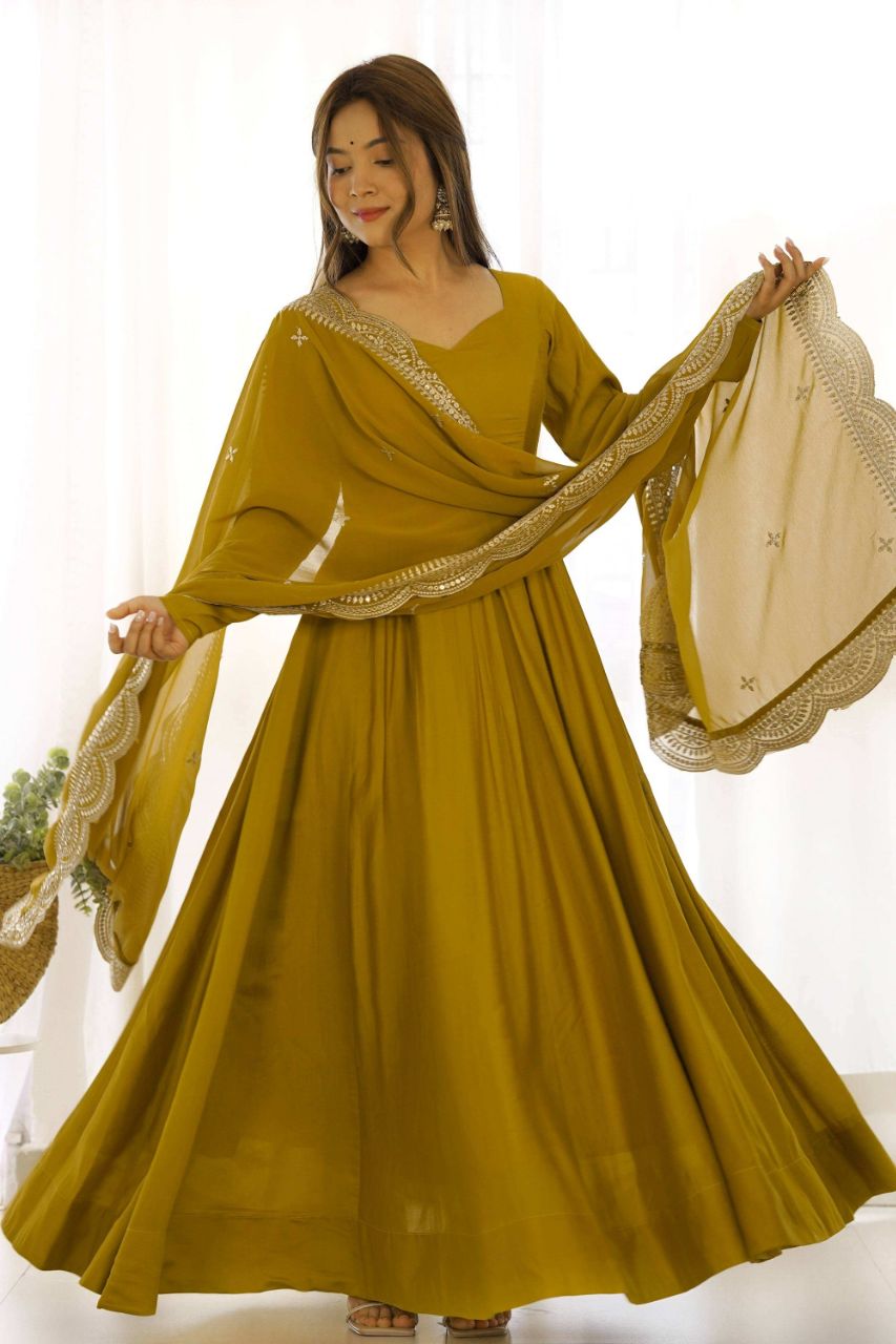 MUSTARD CHANDERI ROMAN SILK ANARKALI GOWN WITH EMBROIDERED DUPATTA