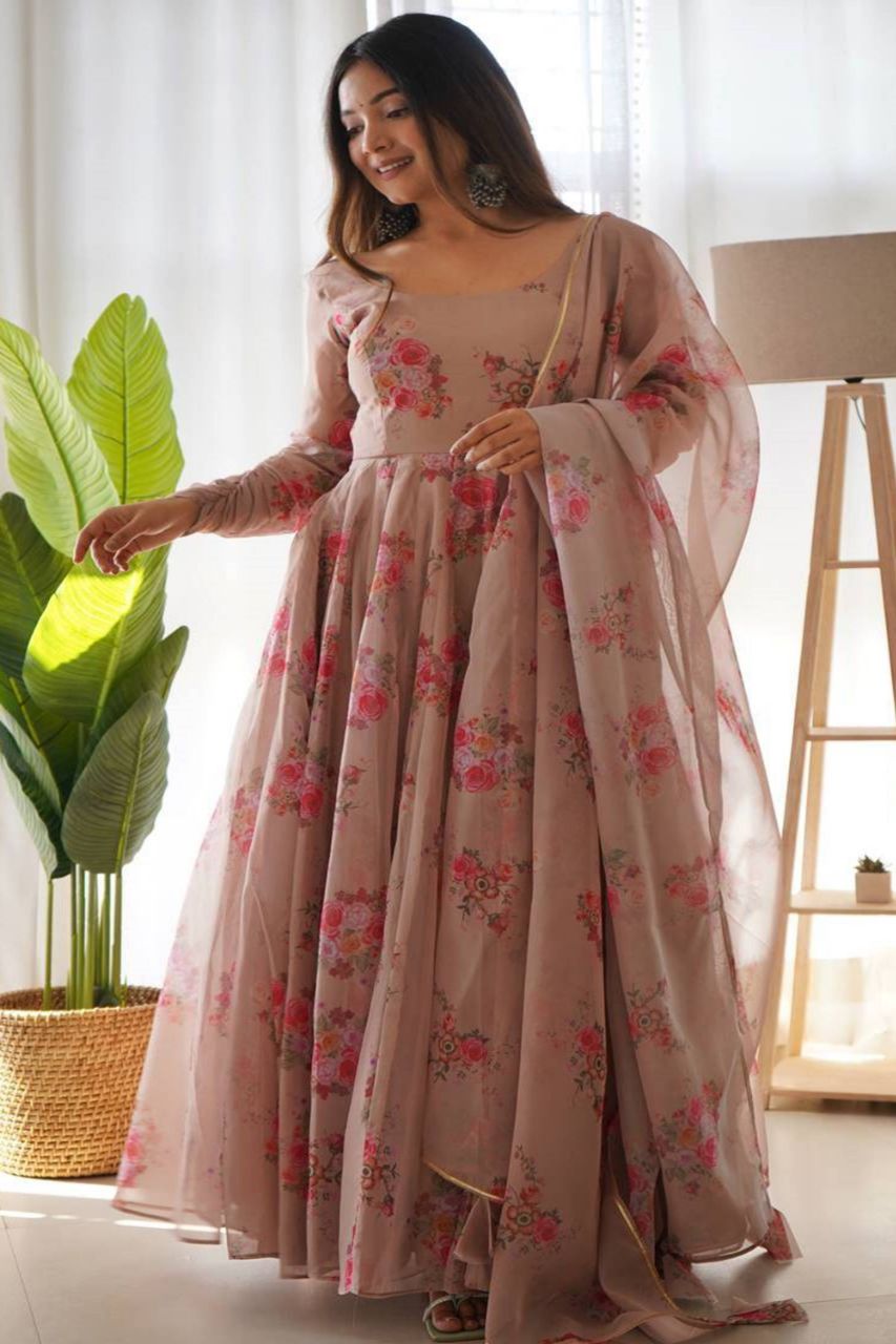 ELEGANT BEIGE TABBY ORGANZA FLORAL PRINT GOWN WITH DUPATTA
