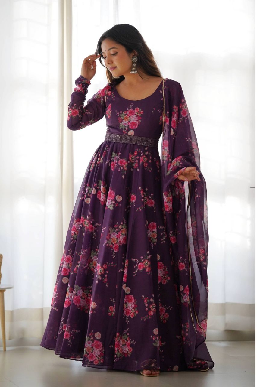 FEEL LIKE ROYALTY IN THIS WINE  COLOR FLORAL GOWN WITH LUCKNOW BELT AND DUPATTA