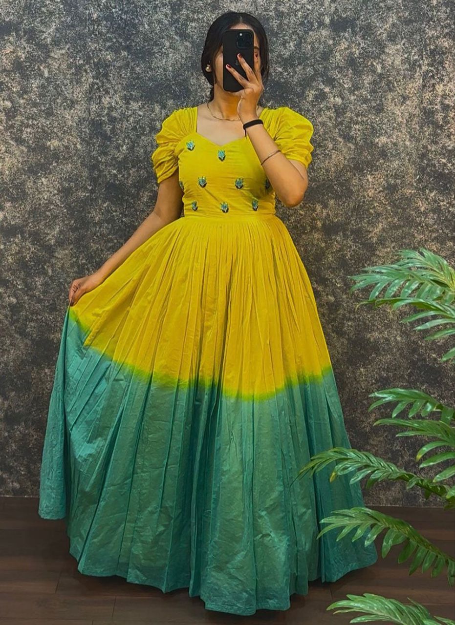 DUAL SHADE DESIGNER LOOK COTTON BASE HANDWORK GOWN