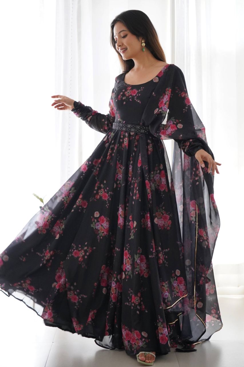READY-TO-WEAR BLACK FLORAL GOWN WITH DUPATTA