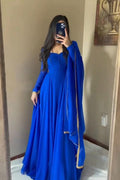 GORGIOUS ROYAL BLUE COLOR GEORGETTE BASE DESIGNER LOOK ANARKALI SUIT WITH CHURIDAR AND EMBROIDERY LACE BORDER DUPPATA SET OF - 3