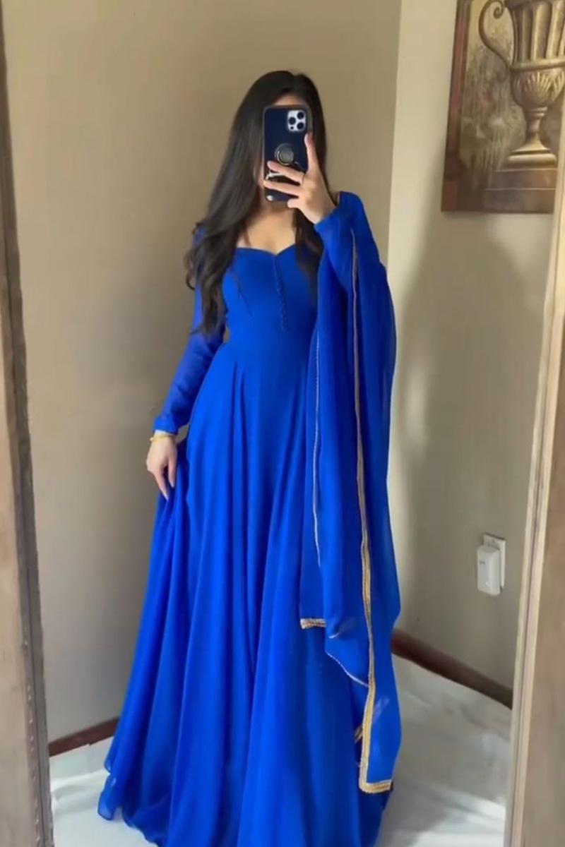 GORGIOUS ROYAL BLUE COLOR GEORGETTE BASE DESIGNER LOOK ANARKALI SUIT WITH CHURIDAR AND EMBROIDERY LACE BORDER DUPPATA SET OF - 3