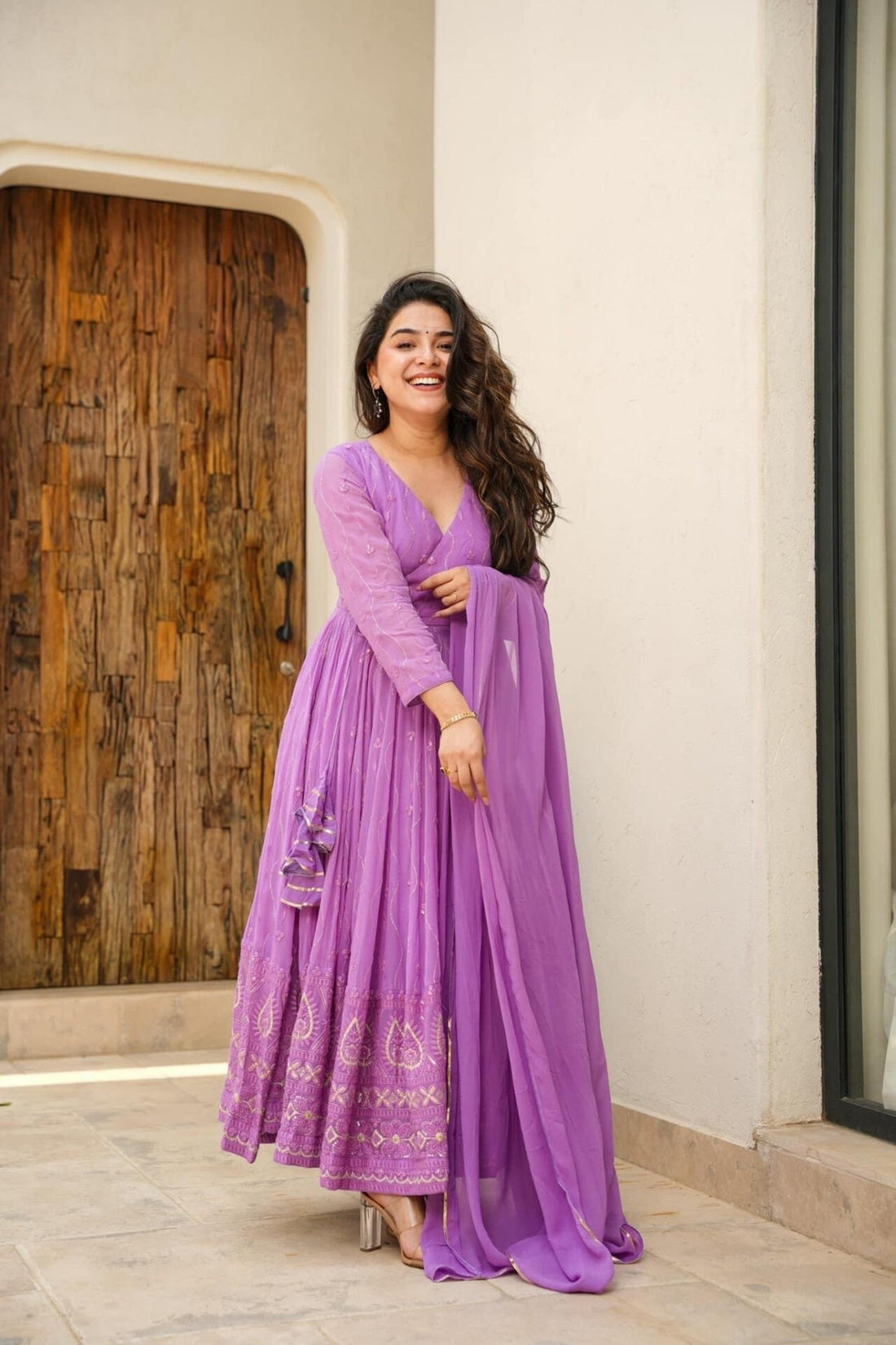 PURPLE KALI-CUT ANARKALI SUIT SET WITH FAUX BLOOMING FABRIC