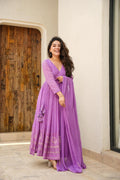 PURPLE KALI-CUT ANARKALI SUIT SET WITH FAUX BLOOMING FABRIC