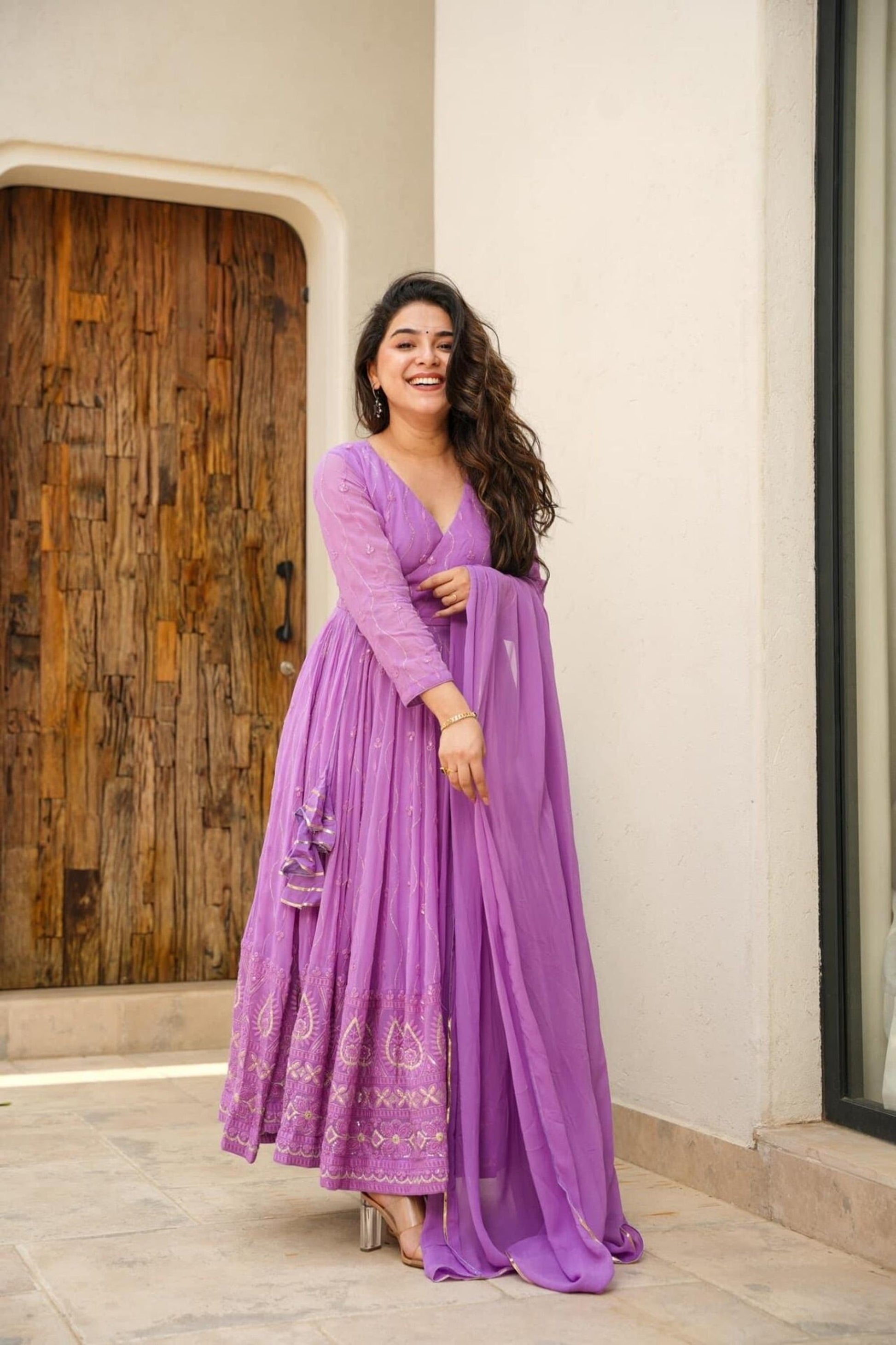 PURPLE KALI-CUT ANARKALI SUIT SET WITH FAUX BLOOMING FABRIC