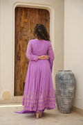 PURPLE KALI-CUT ANARKALI SUIT SET WITH FAUX BLOOMING FABRIC