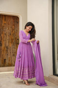PURPLE KALI-CUT ANARKALI SUIT SET WITH FAUX BLOOMING FABRIC