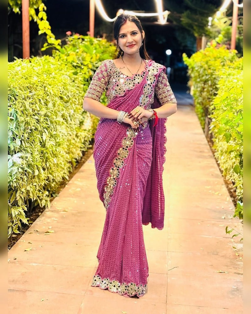 BOLLYWOOD BLOCKBUSTER ORIGINAL MIRROR WORK DESIGNER SAREE WITH BLOUSE